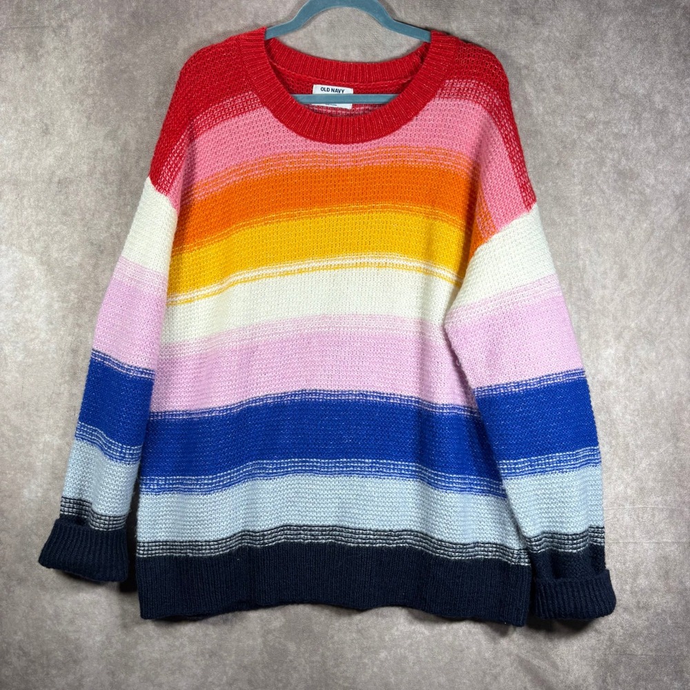 Old Navy Sweater Womens L Tall Multicolor Striped Knit Crewneck Rainbow Pullover